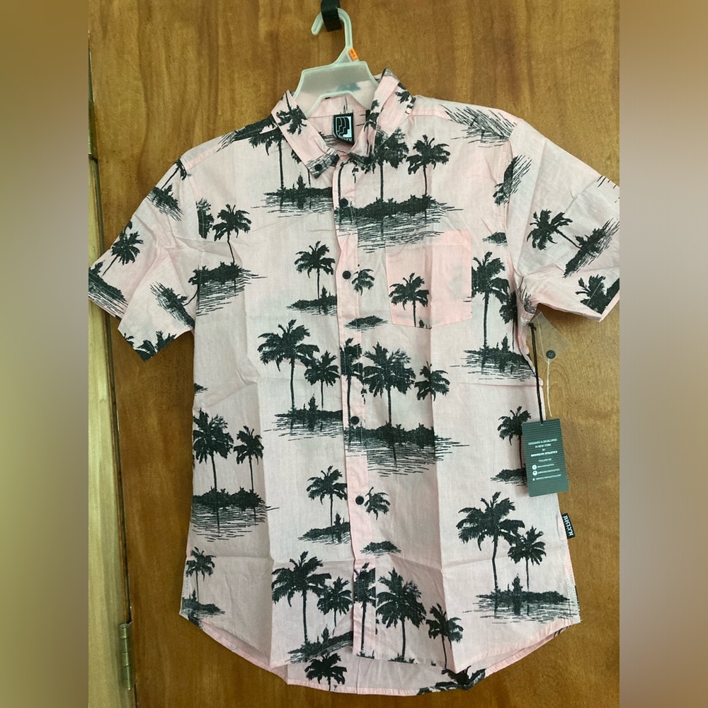 Pink BkLYN Athletics Hawaiian shirt.